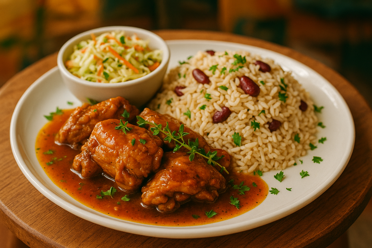 caribbean food, stewed chicken, rice and peas, coleslaw lol